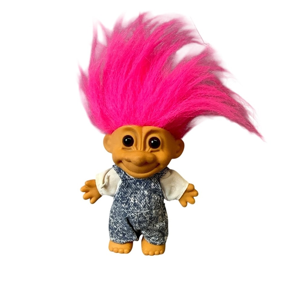 Vintage 1990s Russ Troll Doll Pink Hair Overalls 8 Inch Item 18362 China